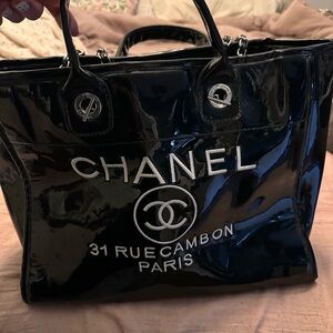 Black Patent Leather Tote with Silver Accents